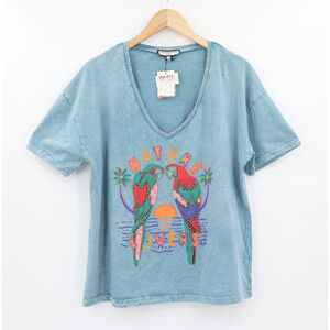 Gold & Silver Paris Beaded Embroidered Parrot V-Neck Tee Sz TU One Size NEW